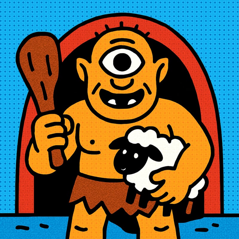 A Cyclops was a one-eyed giant who lived in a cave and ate sheep.