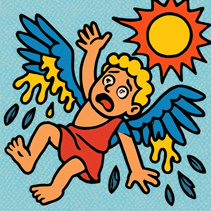 Icarus flew too close to the sun and his wax wings melted.