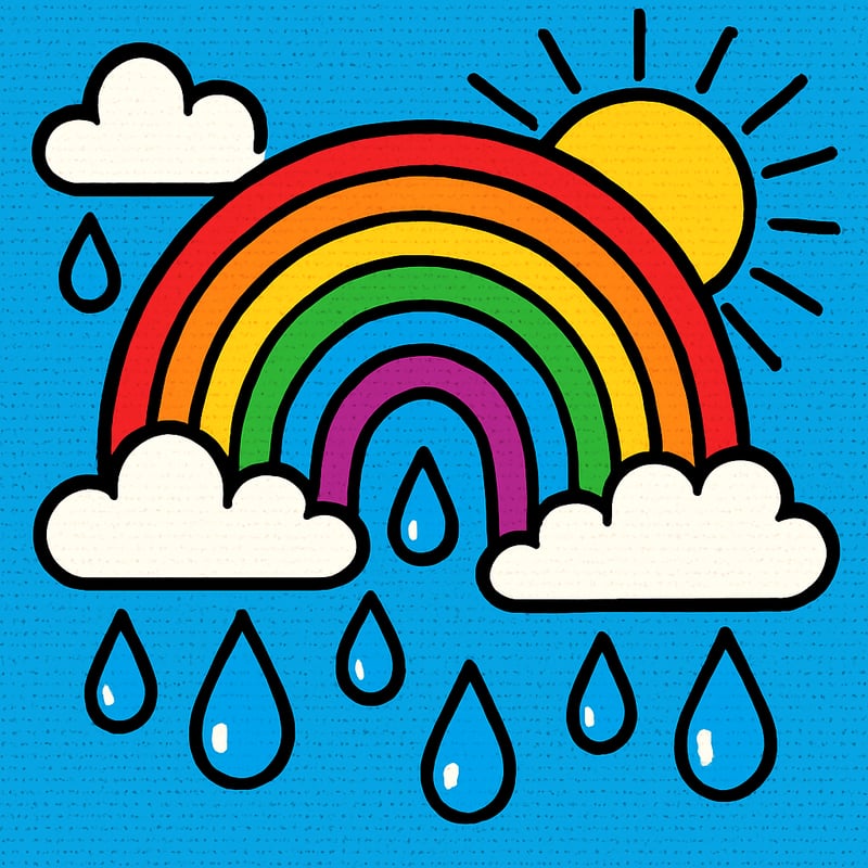 A rainbow happens when sunlight bends inside raindrops.